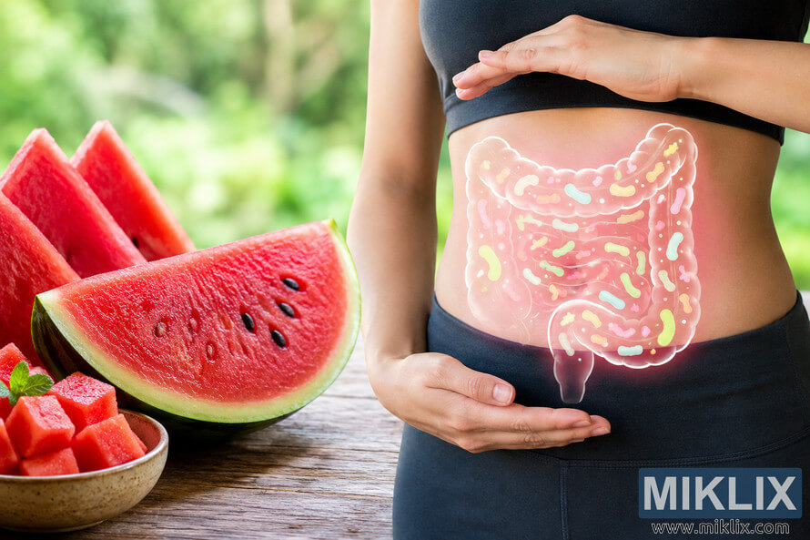 A landscape health-themed illustration showing fresh watermelon slices and cubes beside a person's torso with a glowing digestive tract overlay filled with colorful microbiome-inspired shapes, symbolizing how watermelon nutrients support a healthy gut microbiome. A landscape health-themed illustration showing fresh watermelon slices and cubes beside a person's torso with a glowing digestive tract overlay filled with colorful microbiome-inspired shapes, symbolizing how watermelon nutrients support a healthy gut microbiome.
