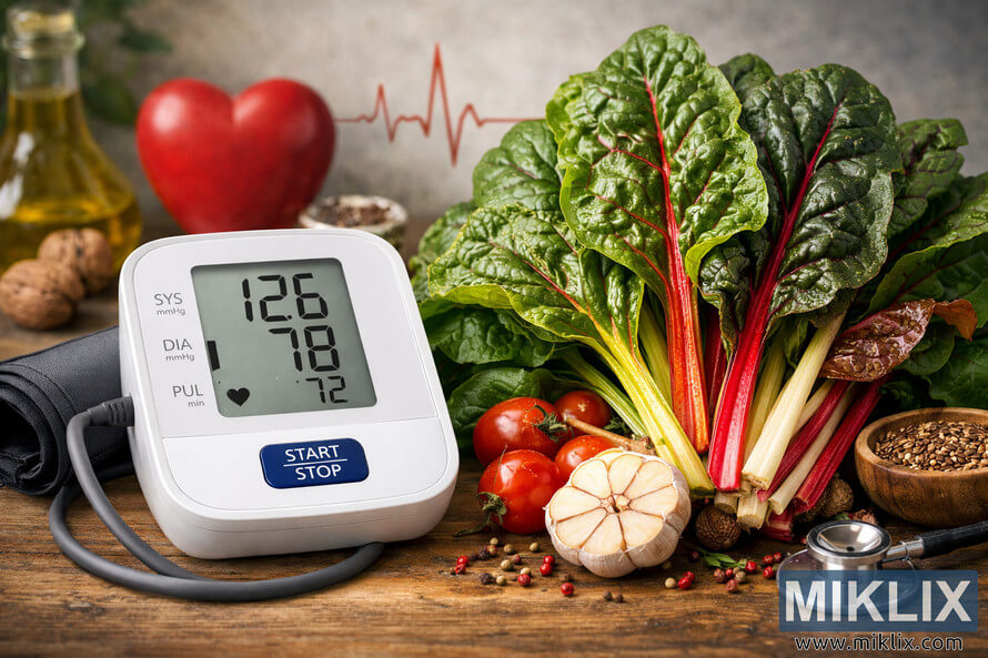 A digital blood pressure monitor beside fresh Swiss chard leaves, cherry tomatoes, garlic, and seeds on a rustic wooden surface, representing cardiovascular health and balanced nutrition.