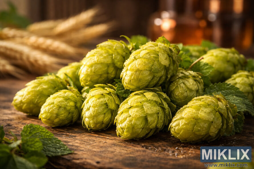 Close-up of fresh Styrian Gold hops with dew on a rustic wooden surface, softly lit with blurred barley and brewing equipment in the background. Close-up of fresh Styrian Gold hops with dew on a rustic wooden surface, softly lit with blurred barley and brewing equipment in the background.