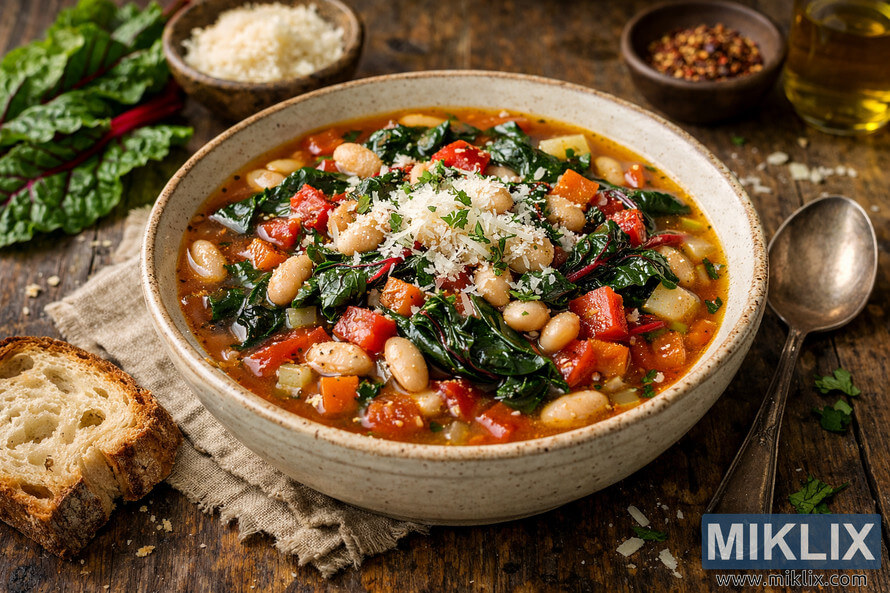 A hearty bowl of Swiss chard and white bean soup with vegetables and grated cheese served on a rustic wooden table with crusty bread and fresh ingredients.