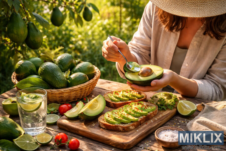 Person scooping a fresh avocado at a rustic table outdoors, surrounded by homegrown avocados, avocado toast, and garden greenery in warm sunlight.