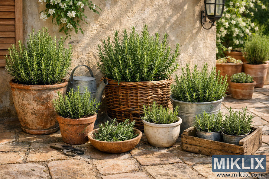 Several rosemary plants growing in assorted pots and containers arranged on a warm sunlit stone patio.