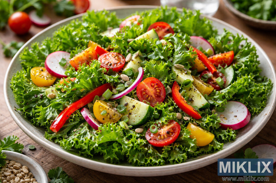 High-resolution landscape photo of a fresh salad made with raw mustard greens, cherry tomatoes, radishes, cucumber, red bell pepper, and sunflower seeds in a ceramic bowl on a wooden table.