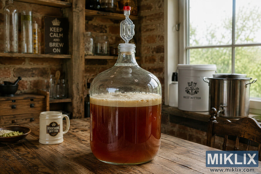 Glass carboy filled with fermenting English ale on a rustic wooden table in a traditional homebrewing kitchen with warm natural light, brewing equipment, and vintage English brewing decor.