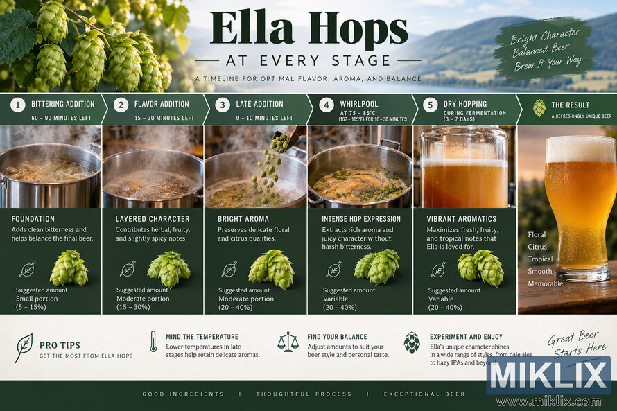 Landscape brewing infographic titled âElla Hops at Every Stage,â showing five hop-addition stages from bittering and flavor additions through late addition, whirlpool, and dry hopping, with brewing-kettle photos, green hop cones, timing guidance, suggested proportions, pro tips, and a final glass of golden beer.