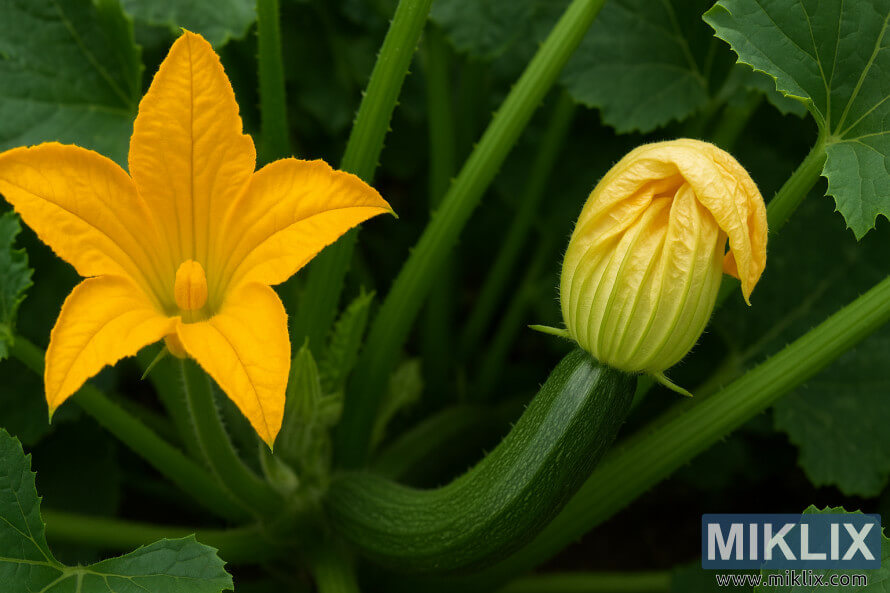 Yan yana duran erkek ve diÅi kabak Ã§iÃ§eklerinin yakÄ±n Ã§ekim gÃ¶rÃ¼ntÃ¼sÃ¼; ince bir sap Ã¼zerindeki erkek Ã§iÃ§eÄi ve genÃ§ bir kabak meyvesine baÄlÄ± diÅi Ã§iÃ§eÄi gÃ¶steriyor.