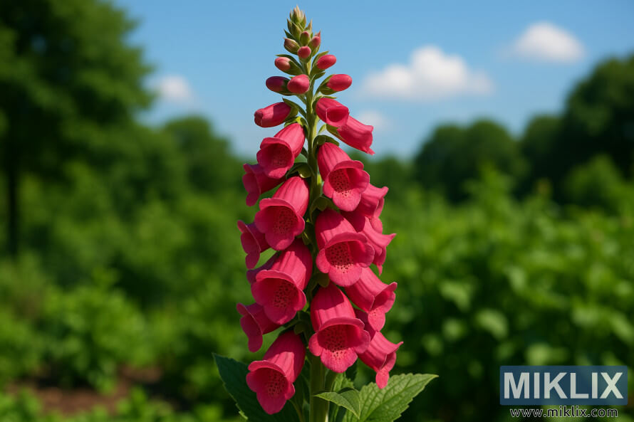 Gros plan de la digitale fraise avec des fleurs en forme de cloche rose rose riche sous un soleil dâÃ©tÃ© Ã©clatant sur un fond de jardin vert doux.