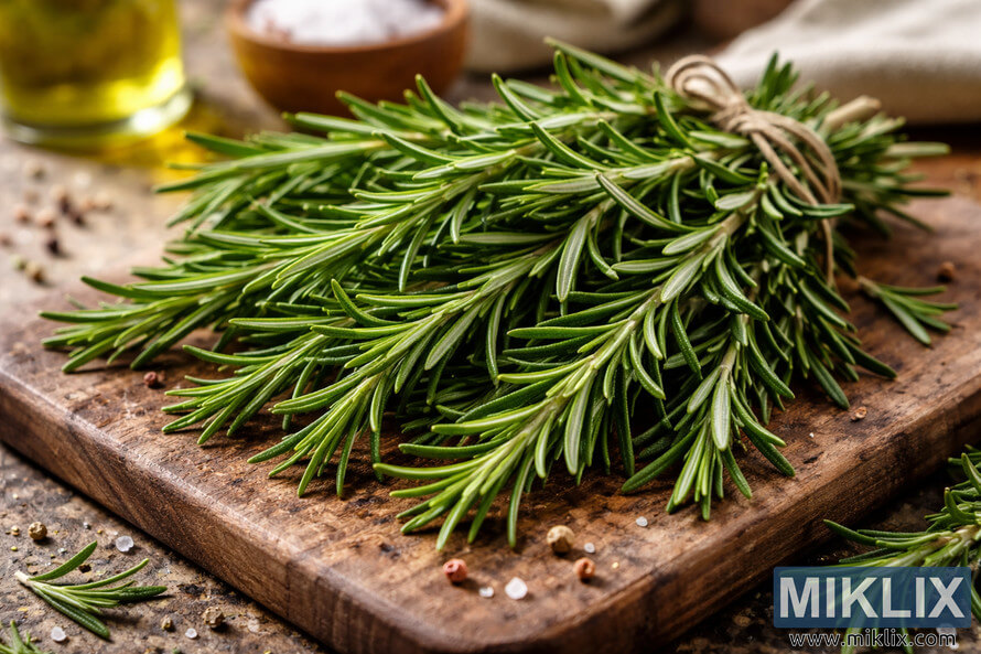 Fresh rosemary sprigs tied together on a rustic wooden cutting board with scattered peppercorns, sea salt, and olive oil in the background
