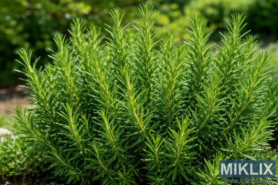 Close-up of a healthy rosemary plant with dense, vibrant green needle-like leaves growing outdoors in sunlight.
