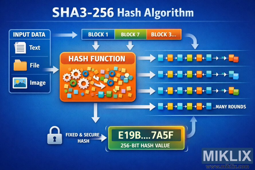 SHA3-256 ഹാഷിംഗ് പ്രക്രിയയുടെ പ്രധാന ഘട്ടങ്ങൾ വ്യക്തവും ഉയർന്ന തലത്തിലുള്ളതുമായ രീതിയിൽ വിശദീകരിക്കുന്ന ഇൻഫോഗ്രാഫിക് ശൈലിയിലുള്ള ചിത്രീകരണം.
