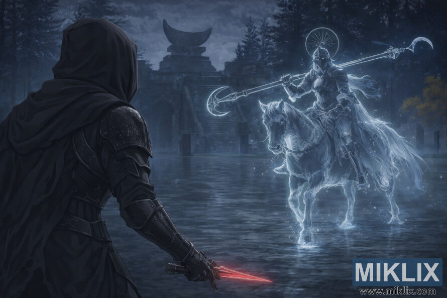 Fan art du combat dâElden Ring entre le joueur armure du couteau noir et la chevalier royale Loretta au manoir Caria