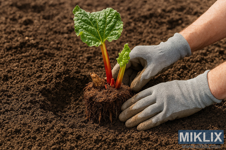Hands planting a rhubarb crown into freshly tilled garden soil