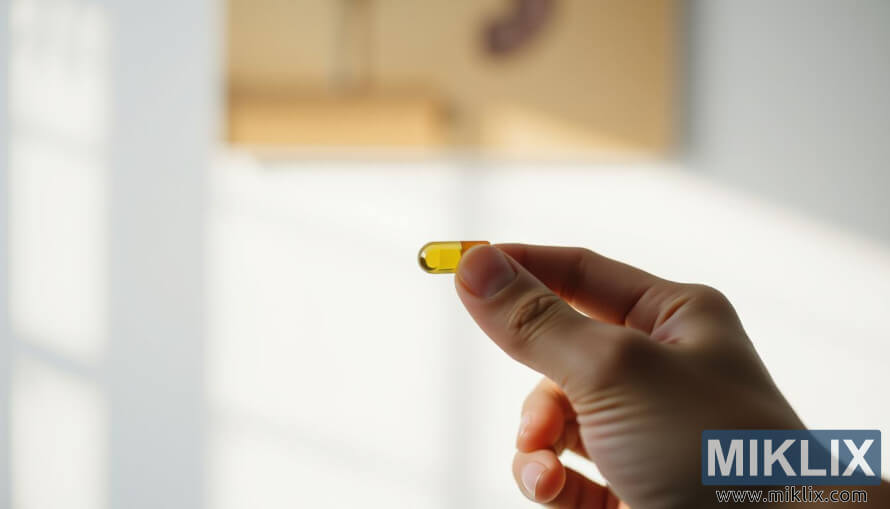 Mano sosteniendo una cÃ¡psula de taurina contra un fondo suavemente borroso.