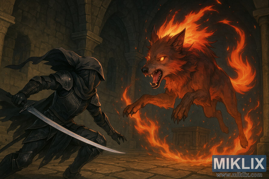 Escena de estilo anime de una armadura Tarnished in Black Knife luchando contra el Lobo Rojo en llamas dentro de la Tumba del HÃ©roe Gelmir.