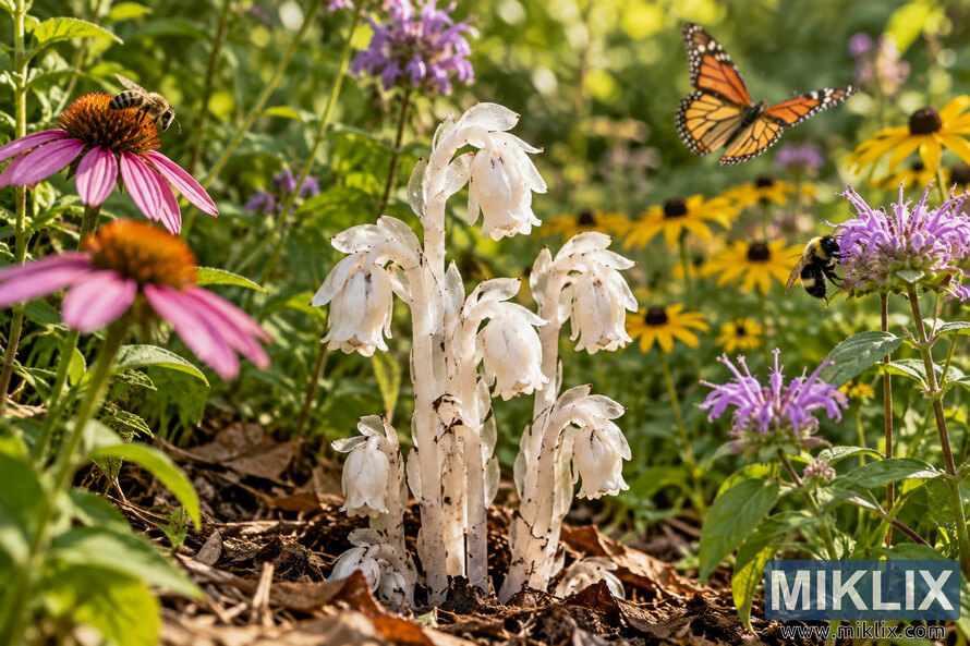 White ghost-like flowers rise from leaf litter among pink, purple and yellow garden blooms, with bees and an orange-and-black butterfly nearby. White ghost-like flowers rise from leaf litter among pink, purple and yellow garden blooms, with bees and an orange-and-black butterfly nearby.