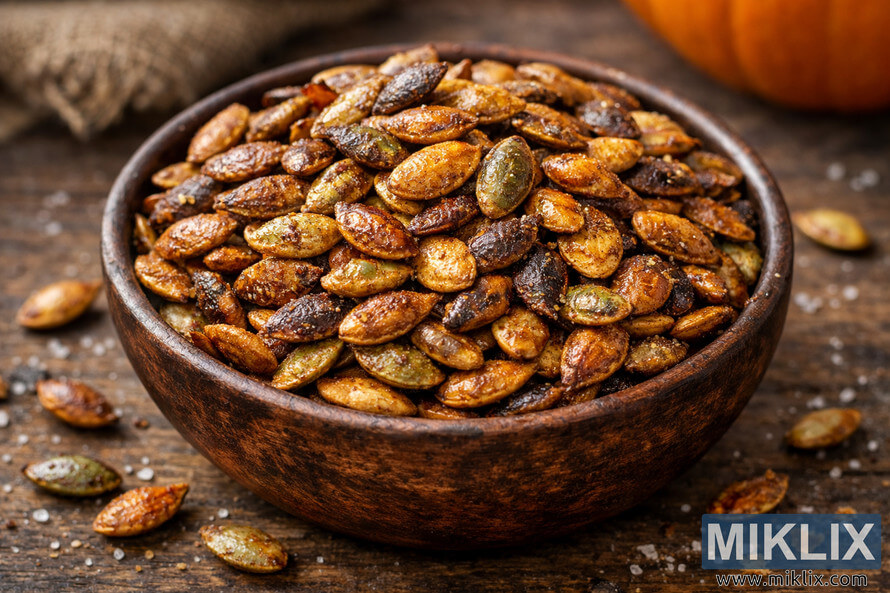 Close-up photo of a rustic dark brown wooden bowl filled to the brim with roasted pumpkin seeds, showing their golden-brown and deep brown colors, subtle greenish hues, wrinkled textures, and light seasoning. The bowl sits on a rough wooden surface with a few scattered seeds, salt crystals, and crumbs, while a blurred piece of burlap and a partially visible orange pumpkin appear in the warm, softly lit background.