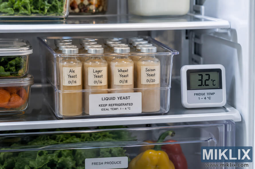Organized liquid yeast vials stored upright in a clear refrigerator bin beside a digital thermometer reading 3.2 Â°C, with labels indicating yeast types, dates, and an ideal storage range of 1â4 Â°C.