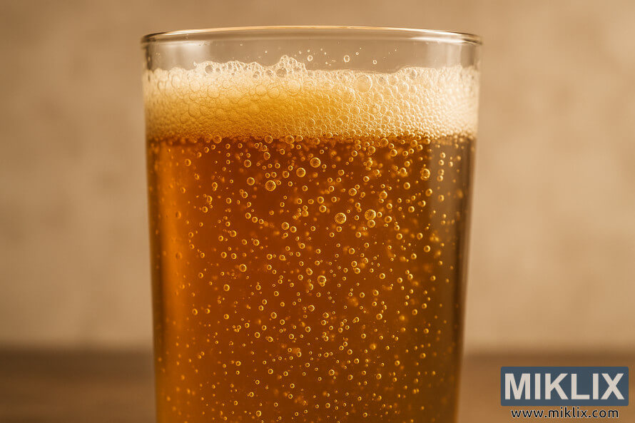 ZbliÅ¼enie szklanki wypeÅnionej kwaÅnym piwem o zÅocisto-bursztynowej barwie, na ktÃ³rej widaÄ musujÄce bÄbelki unoszÄce siÄ w pÅynie pod ciepÅym, delikatnym oÅwietleniem na rozmytym, neutralnym tle.