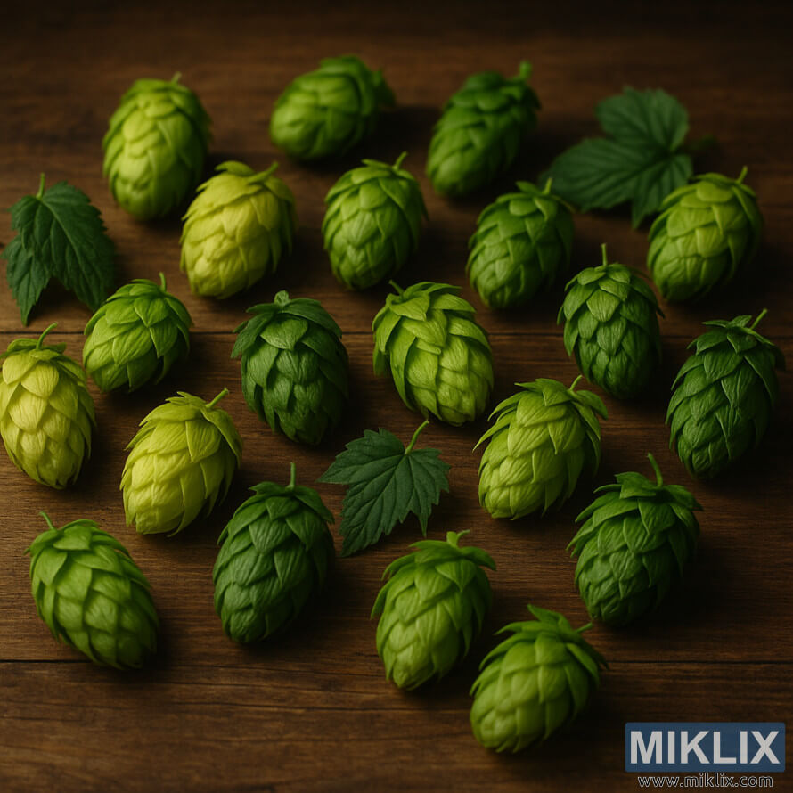 Friske humlekogler i forskellige grÃ¸nne nuancer arrangeret pÃ¥ et rustikt trÃ¦bord, der reprÃ¦senterer alternativer til Tahoma-humle.