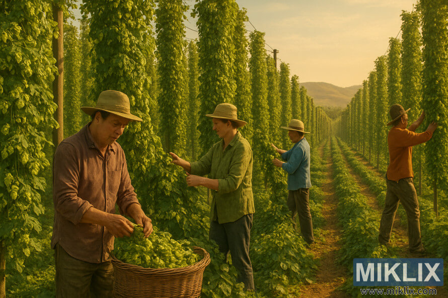 Radnici beru Serebrianka hmelj Å¡iÅ¡arke u suncem obasjanom jesenjem polju sa visokim bines, reÅ¡etke, i valjanje brda u pozadini.