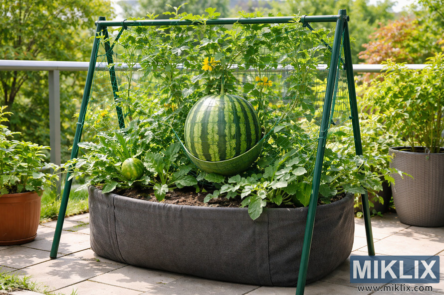 Watermelon plant growing in a large fabric container on a sunny patio with a green trellis support holding a ripe watermelon. Watermelon plant growing in a large fabric container on a sunny patio with a green trellis support holding a ripe watermelon.