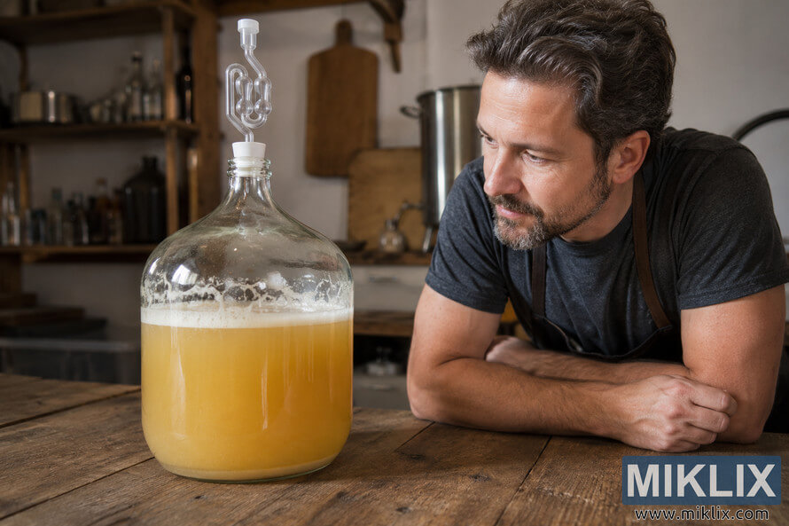 A homebrewer carefully observing the fermentation of a Belgian Witbier inside a glass carboy on a rustic wooden table in a warmly lit home brewing workspace. A homebrewer carefully observing the fermentation of a Belgian Witbier inside a glass carboy on a rustic wooden table in a warmly lit home brewing workspace.