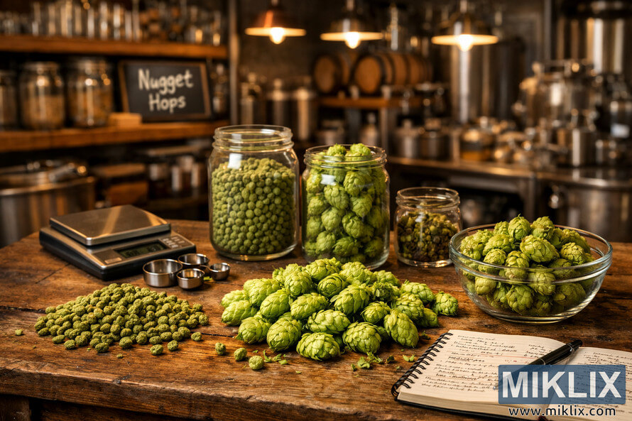 Organized brewing workspace featuring Nugget hops in pellet and whole cone form on a rustic wooden table with glass jars, scale, notebook, and warmly lit barrels in the background.