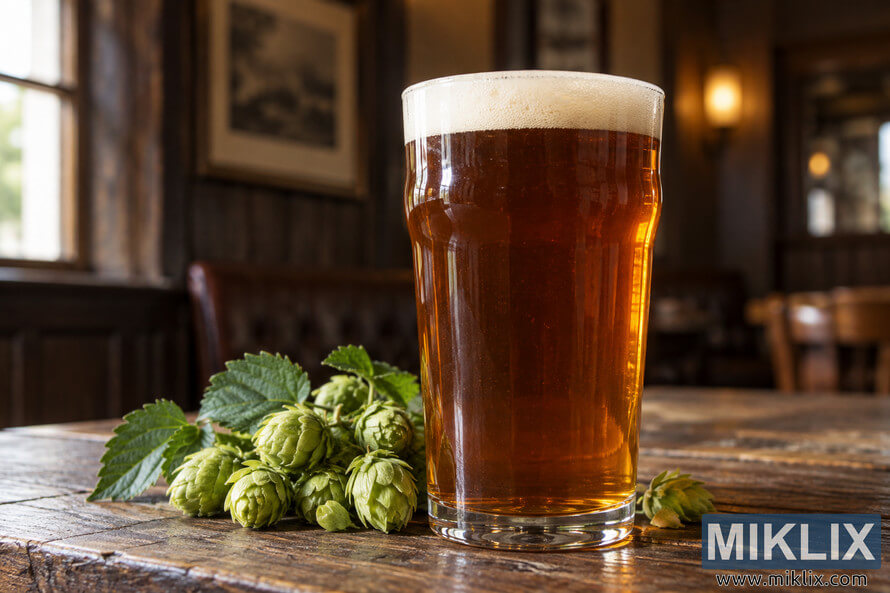 Clear pint of amber English Bitter with a creamy off-white head beside fresh green hop cones on a rustic wooden pub table. Clear pint of amber English Bitter with a creamy off-white head beside fresh green hop cones on a rustic wooden pub table.
