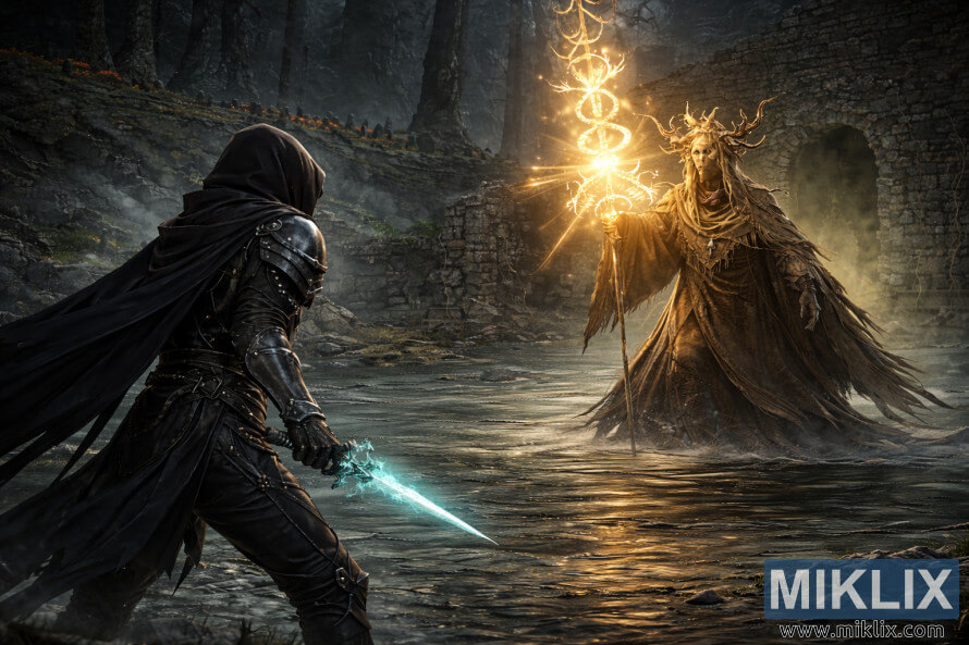 Anime-style Elden Ring fan art showing the Tarnished in Black Knife armor from behind, facing a much larger and closer Jori, Elder Inquisitor, in the flooded Darklight Catacombs. Anime-style Elden Ring fan art showing the Tarnished in Black Knife armor from behind, facing a much larger and closer Jori, Elder Inquisitor, in the flooded Darklight Catacombs.