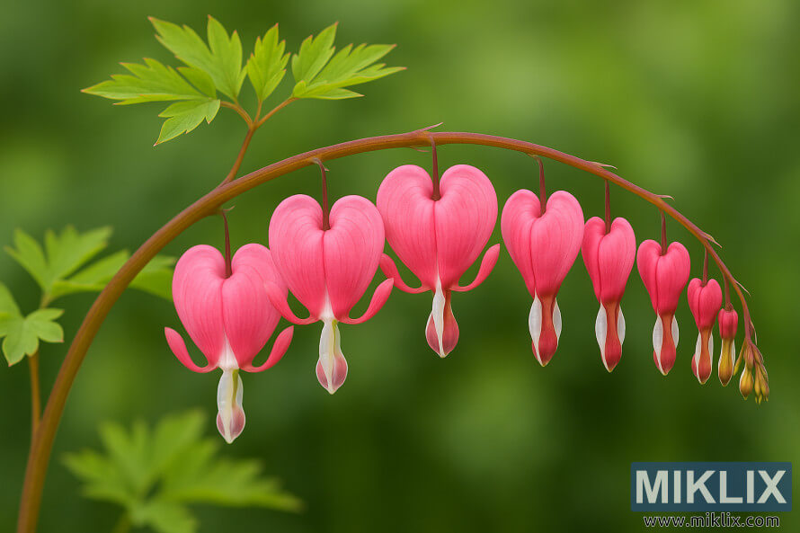 Plante Old-Fashioned Bleeding Heart avec des fleurs roses en forme de cÅur suspendues Ã  une tige courbÃ©e rougeÃ¢tre sur un fond vert.