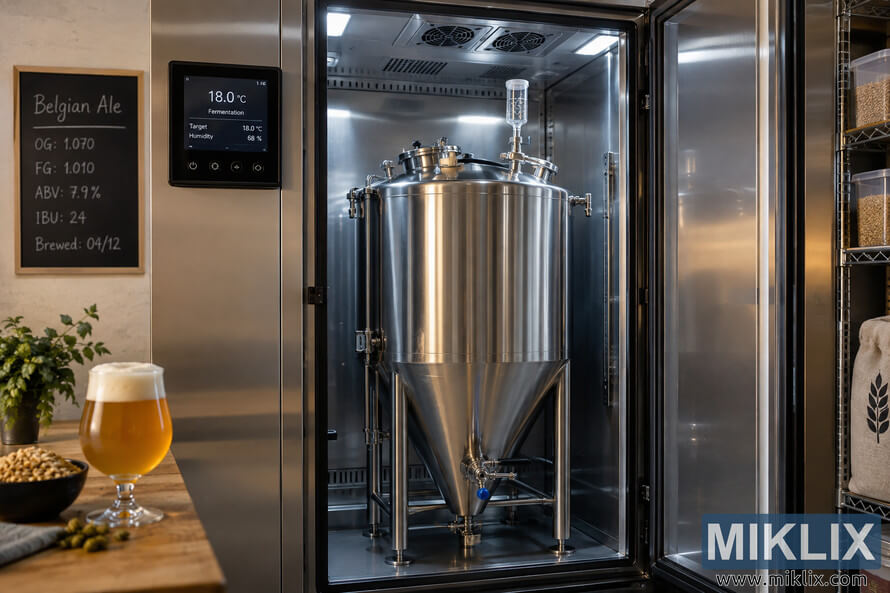 Stainless-steel fermenter inside an open temperature-controlled chamber, with an 18 °C control display, Belgian ale brewing notes, grain, hops, and a glass of golden beer. Stainless-steel fermenter inside an open temperature-controlled chamber, with an 18 °C control display, Belgian ale brewing notes, grain, hops, and a glass of golden beer.