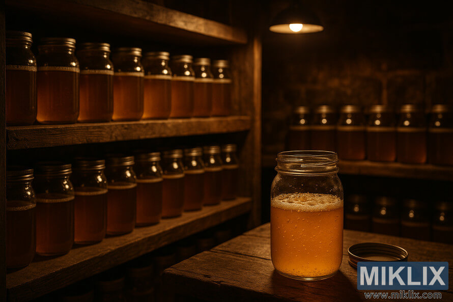 Pishi hafifu na mitungi inayong'aa ya tamaduni za chachu kwenye rafu za mbao.