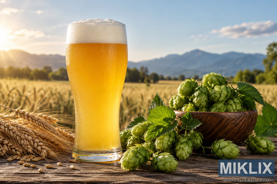 Landscape photograph of a chilled, hazy golden wheat beer with a creamy foam head beside fresh green hop cones and ripe wheat on a rustic wooden table, with a sunlit grain field and distant mountains in the background.