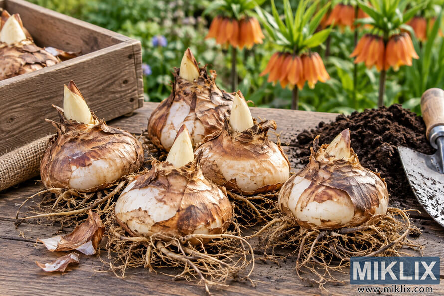 Five large crown imperial-style bulbs with shoots and roots on a wooden garden table beside soil and a trowel, with orange flowers behind. Five large crown imperial-style bulbs with shoots and roots on a wooden garden table beside soil and a trowel, with orange flowers behind.