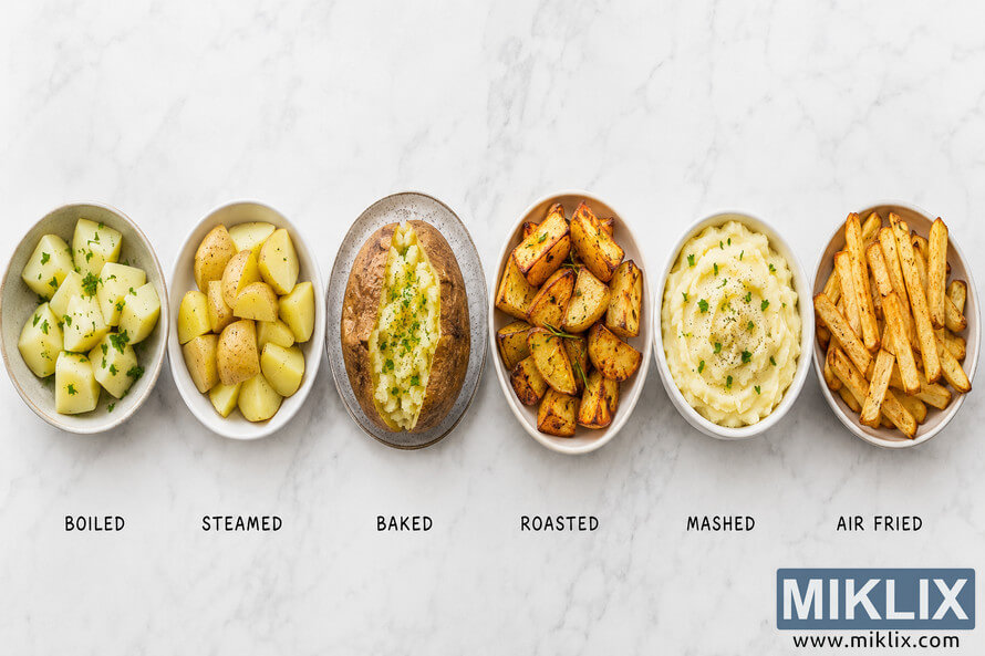 A landscape-oriented overhead photograph showing six healthy potato preparations arranged in a straight horizontal row on a light marble surface. A landscape-oriented overhead photograph showing six healthy potato preparations arranged in a straight horizontal row on a light marble surface.