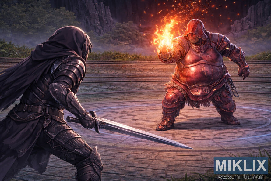 Fan art ao estilo anime que mostra o Maculado empunhando uma espada Ã  esquerda enquanto Adan, LadrÃ£o de Fogo, estÃ¡ mais perto do que antes dentro da Evergaol do Malefactor, momentos antes do combate.