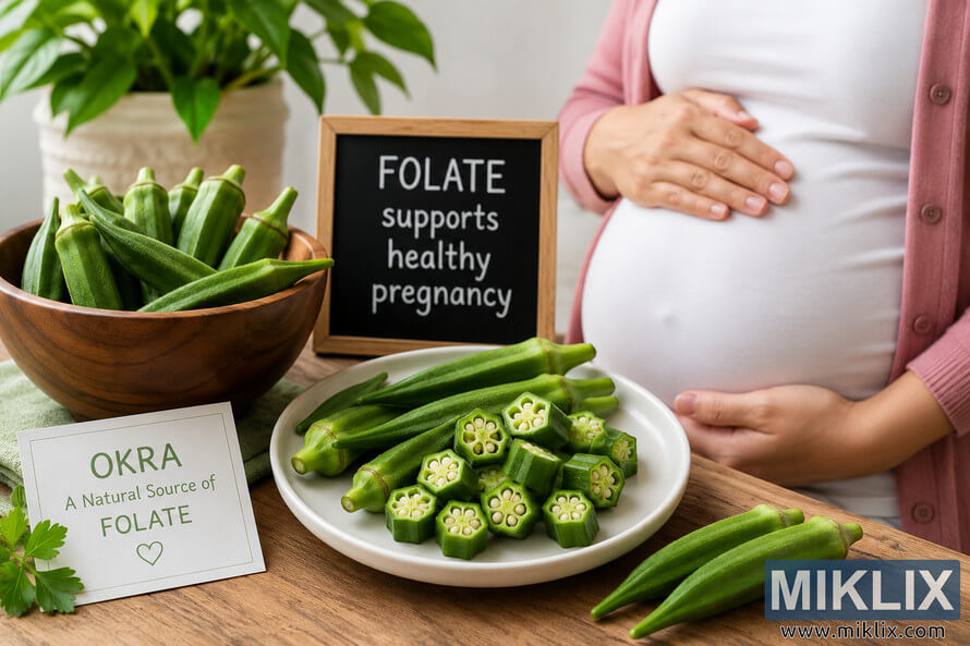A pregnant woman gently rests her hands on her baby bump beside a rustic wooden table displaying fresh green okra, sliced okra, and educational signs highlighting folate as part of healthy pregnancy nutrition in a bright, natural indoor setting. A pregnant woman gently rests her hands on her baby bump beside a rustic wooden table displaying fresh green okra, sliced okra, and educational signs highlighting folate as part of healthy pregnancy nutrition in a bright, natural indoor setting.