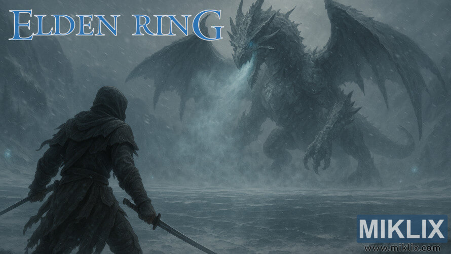 A cloaked Black Knife assassin with dual blades approaches the towering frost dragon Borealis across a frozen lake during a blizzard. A cloaked Black Knife assassin with dual blades approaches the towering frost dragon Borealis across a frozen lake during a blizzard.