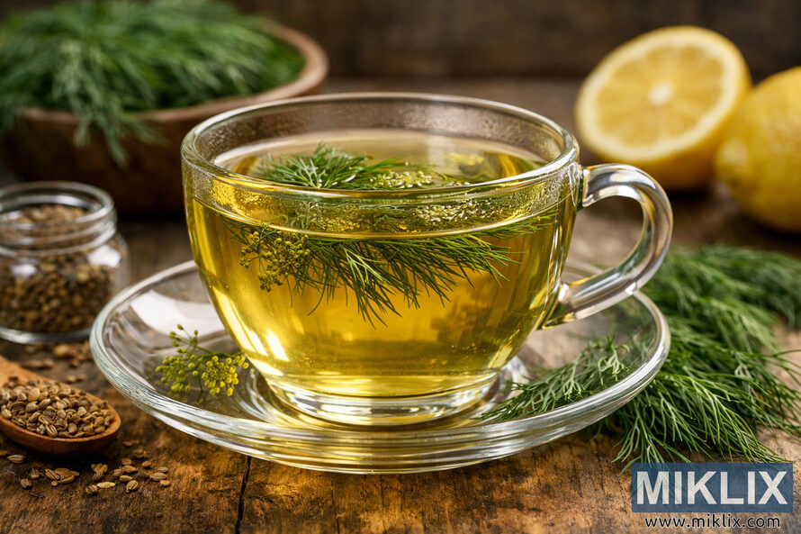 Close-up photograph of a transparent glass cup filled with golden-yellow dill tea, resting on a clear glass saucer on a rustic wooden table. Close-up photograph of a transparent glass cup filled with golden-yellow dill tea, resting on a clear glass saucer on a rustic wooden table.