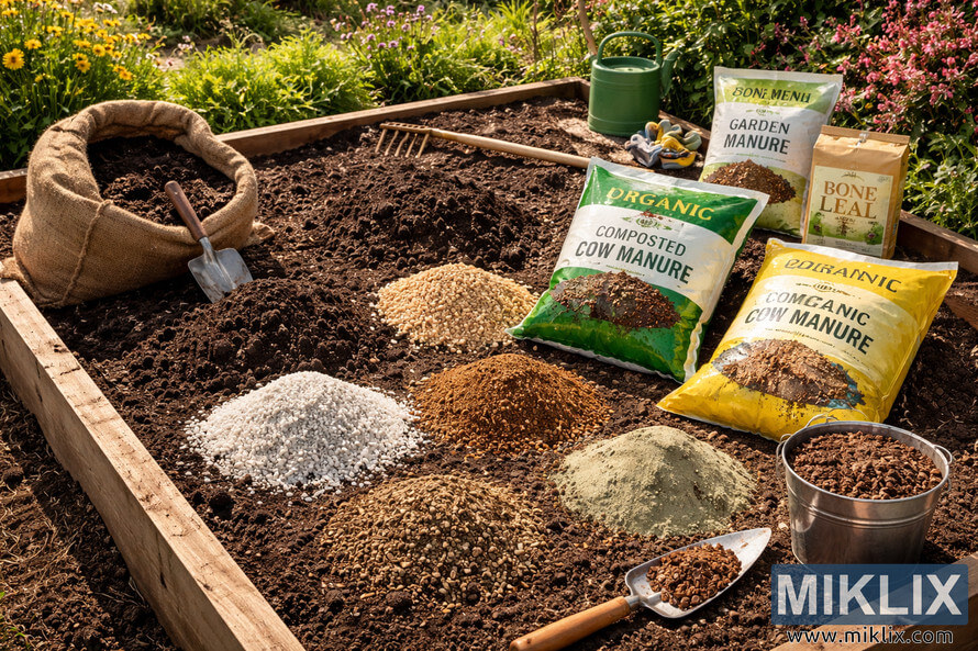 Raised wooden garden bed with piles of soil amendments, compost bags, and gardening tools ready for mixing in a sunny garden.
