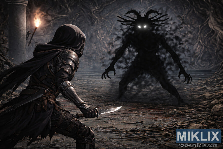 HÃ¬nh áº£nh do fan váº½ theo phong cÃ¡ch anime cá»§a Elden Ring, thá» hiá»n Tarnished trong bá» giÃ¡p Black Knife Äá»i Äáº§u vá»i Cemetery Shade á» cá»± ly gáº§n bÃªn trong háº§m má» Black Knife.