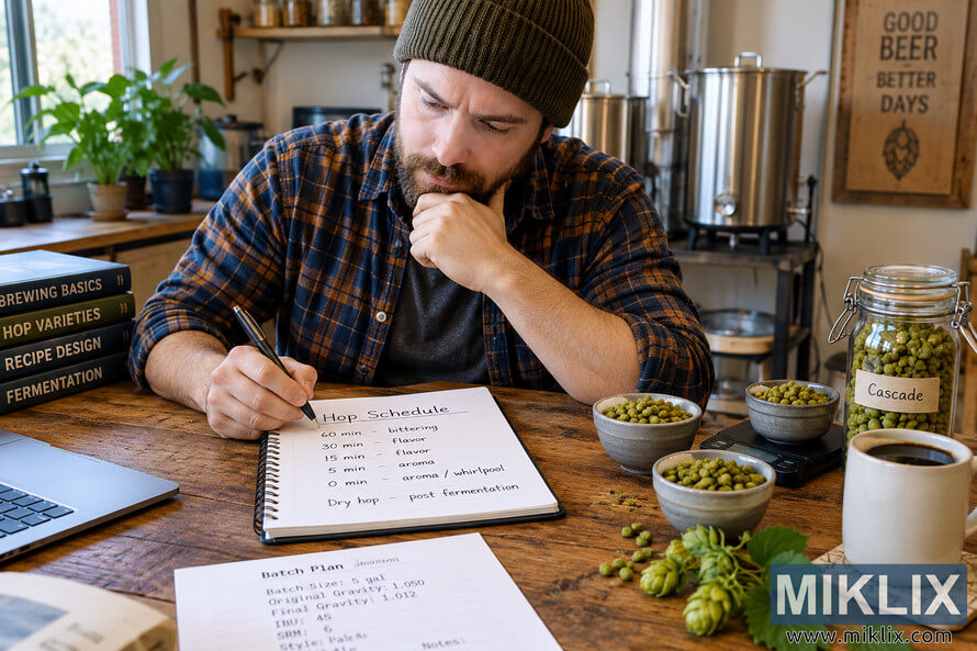 Homebrewer in a beanie and plaid shirt planning a handwritten hop schedule at a wooden table with hop pellets, fresh hop cones, brewing notes, a digital scale, coffee, and stainless-steel brewing equipment. Homebrewer in a beanie and plaid shirt planning a handwritten hop schedule at a wooden table with hop pellets, fresh hop cones, brewing notes, a digital scale, coffee, and stainless-steel brewing equipment.