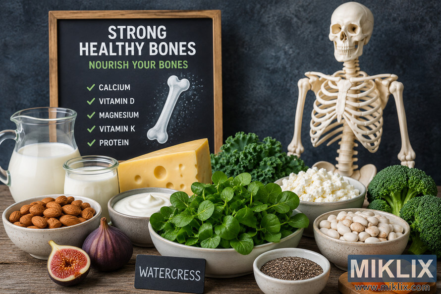 Landscape illustration of strong healthy bones featuring a skeleton model surrounded by calcium-rich foods including watercress, milk, yogurt, cheese, almonds, broccoli, beans, chia seeds, figs, and apricots on a rustic wooden table with an educational nutrition sign in the background. Landscape illustration of strong healthy bones featuring a skeleton model surrounded by calcium-rich foods including watercress, milk, yogurt, cheese, almonds, broccoli, beans, chia seeds, figs, and apricots on a rustic wooden table with an educational nutrition sign in the background.