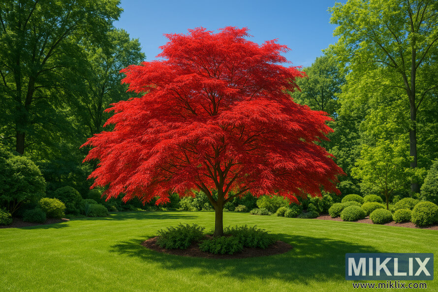 Ãrable japonais au feuillage rouge vif dans un jardin dâÃ©tÃ© ensoleillÃ©.