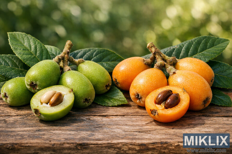 A high-resolution landscape photograph showing ripe orange loquats and unripe green loquats side by side on a rustic wooden surface with green leaves and a blurred garden background. A high-resolution landscape photograph showing ripe orange loquats and unripe green loquats side by side on a rustic wooden surface with green leaves and a blurred garden background.