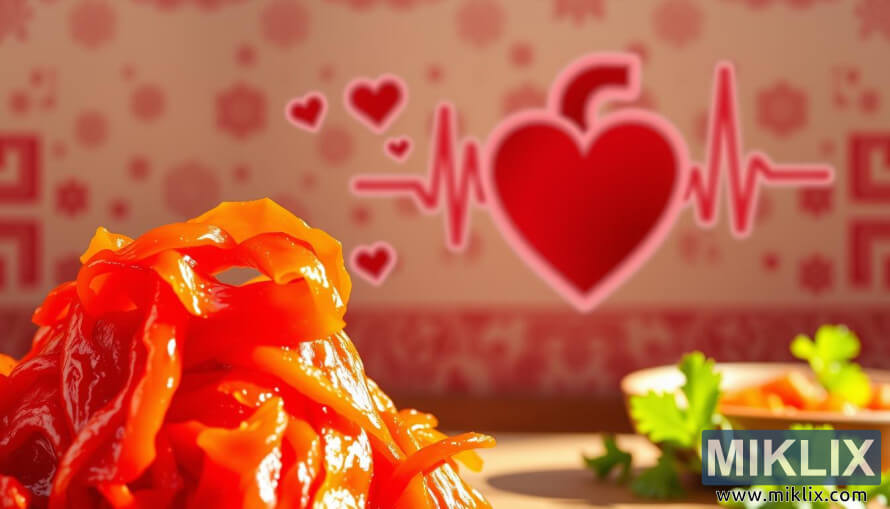 ErksavÃ¤rvilise kimchi illustratsioon koos sÃ¼dametervise sÃ¼mbolite ja toitainetega.