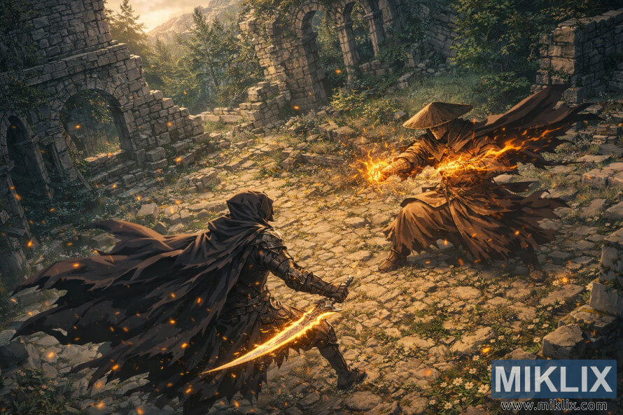 Arte de fan estilo anime isométrico de la armadura Tarnished in Black Knife enfrentándose al Dane Dryleaf en las Ruinas de Moorth iluminadas por las llamas, visto desde arriba y detrás del héroe. Arte de fan estilo anime isométrico de la armadura Tarnished in Black Knife enfrentándose al Dane Dryleaf en las Ruinas de Moorth iluminadas por las llamas, visto desde arriba y detrás del héroe.