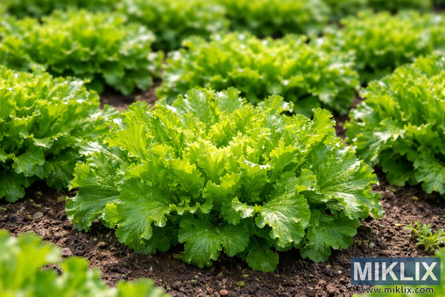 Vibrant green endive plants with ruffled leaves growing in neat rows in dark soil under natural sunlight.