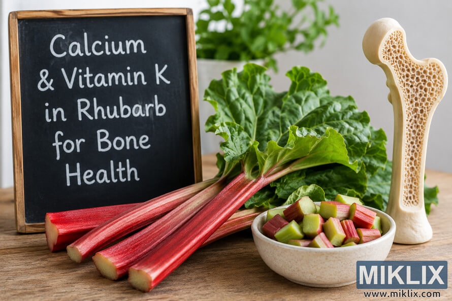 Fresh rhubarb stalks and chopped rhubarb displayed on a rustic wooden table beside a chalkboard reading 'Calcium & Vitamin K in Rhubarb for Bone Health' and a bone model in soft natural kitchen lighting. Fresh rhubarb stalks and chopped rhubarb displayed on a rustic wooden table beside a chalkboard reading 'Calcium & Vitamin K in Rhubarb for Bone Health' and a bone model in soft natural kitchen lighting.