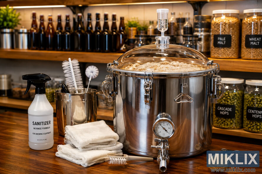 A clean and organized brewing workspace featuring a polished stainless steel fermentation vessel with visible bubbling yeast activity, surrounded by sanitation tools, brushes, gauze, and shelves filled with sanitized bottles, grains, and hops under warm lighting.